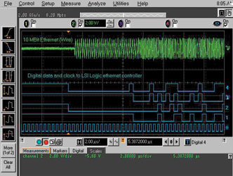 Figure 5. Using the MSO’s 16 digital channels for triggering. The MSO is set to trigger on the 1010 pattern for a duration of 5 microseconds. With an ordinary four-channel DSO, the four channels would be used just to generate a trigger and there would be no channels left for debugging.